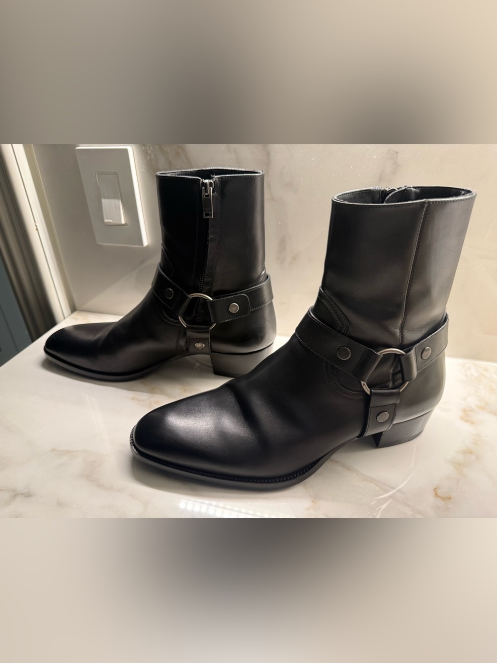 Saint Laurent Black Leather Harness Zip Ankle Boots